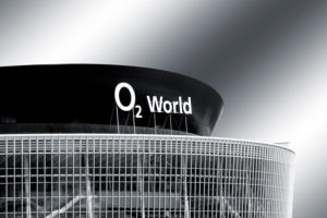 Berlin, Germany, the glass front of the O2 World building with logo Berlin, Germany, the glass front of the O2 World building with logo