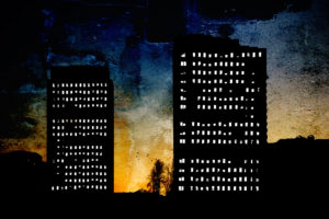 The surreal silhouettes of high rises in the early morning in San Diego, illuminated windows, The surreal silhouettes of high rises in the early morning in San Diego, illuminated windows,