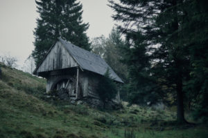 alte Mühle mit Mühlrad an einem Berghang mit Tannenbäumen im Schwarzwald, Regenwetter alte Mühle mit Mühlrad an einem Berghang mit Tannenbäumen im Schwarzwald, Regenwetter