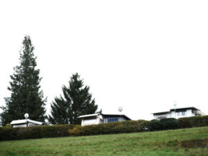Three caravans side by side on a campsite, trees, meadow and hedge
