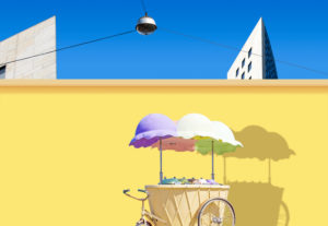 An ice cream van stands in front of a yellow wall, composing An ice cream van stands in front of a yellow wall, composing