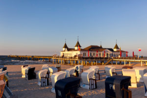 Usedom Island, Ahlbeck, pier, beach, beach chairs, Mecklenburg-Western Pomerania, Germany Usedom Island, Ahlbeck, pier, beach, beach chairs, Mecklenburg-Western Pomerania, Germany