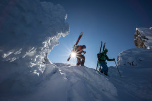 Descent on ski tour in Dammkar, near Mittenwald, Karwendel, Bavaria, Germany