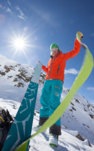 Woman with touring skis during a ski tour in Kühtai, Stubai Alps, Tyrol, Austria