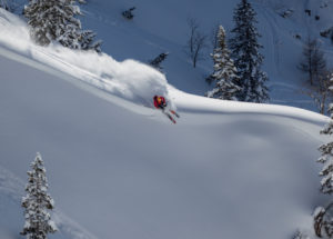 Deep snow downhill from the Rosshütte, near Seefeld, Karwendel, Tyrol, Austria