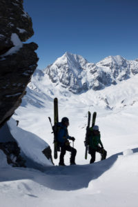 Two freeriders on a ski tour to Königsspitze, Sulden, South Tyrol, Italy