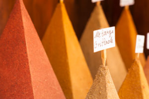 beaded spices, in tower shape, Medina market, Morocco, Essaouira, coloured beaded spices, in tower shape, Medina market, Morocco, Essaouira, coloured