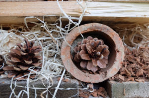 Large insect hotel made of pallets, perforated stones, with wood wool and cones, detail Large insect hotel made of pallets, perforated stones, with wood wool and cones, detail
