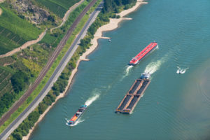 Aerial view of the Rhine with shipping and vineyards Aerial view of the Rhine with shipping and vineyards