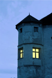 Germany, Bavaria, Upper Bavaria, Burghausen, castle, tower bay, dusk, in the window burns light Germany, Bavaria, Upper Bavaria, Burghausen, castle, tower bay, dusk, in the window burns light