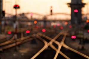 Germany, Bavaria, Munich, central station, track with crossing, evening mood, out of focus, blurred Germany, Bavaria, Munich, central station, track with crossing, evening mood, out of focus, blurred