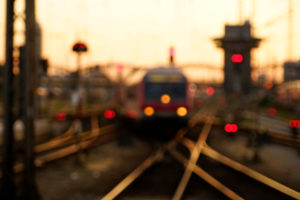 Germany, Bavaria, Munich, central station, railway track with crossing, train, evening mood, out of focus, blurred Germany, Bavaria, Munich, central station, railway track with crossing, train, evening mood, out of focus, blurred