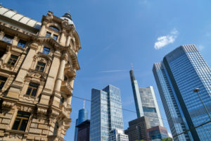 Germany, Hesse, Frankfurt on the Main, financial district, old and new office buildings next to each other Germany, Hesse, Frankfurt on the Main, financial district, old and new office buildings next to each other