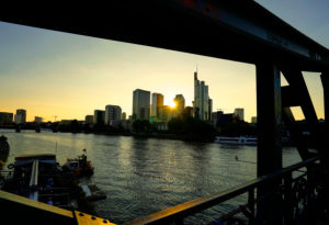 Germany, Hesse, Frankfurt on the Main, view from the Eiserner Steg to the financial district, in the evening Germany, Hesse, Frankfurt on the Main, view from the Eiserner Steg to the financial district, in the evening