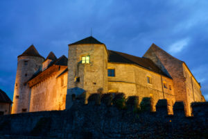Germany, Bavaria, Upper Bavaria, Burghausen, castle, upper castle, in the evening, illuminated, light burning in the window Germany, Bavaria, Upper Bavaria, Burghausen, castle, upper castle, in the evening, illuminated, light burning in the window