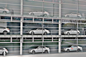 Germany, Bavaria, Munich, Mercedes-Benz branch, exterior, displayed cars in three floors, (M) Germany, Bavaria, Munich, Mercedes-Benz branch, exterior, displayed cars in three floors, (M)