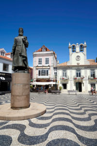 Europe, Portugal, Lisbon region, Cascais, Praca 5 de Outubro, Town Hall, Dom Pedro I statue, Peter I, Town Hall forecourt, Wavy pavement Europe, Portugal, Lisbon region, Cascais, Praca 5 de Outubro, Town Hall, Dom Pedro I statue, Peter I, Town Hall forecourt, Wavy pavement