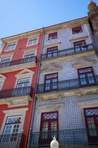 Europe, Portugal, North region, Porto, two town houses, red facade and facade with blue azulejos, tiles Europe, Portugal, North region, Porto, two town houses, red facade and facade with blue azulejos, tiles