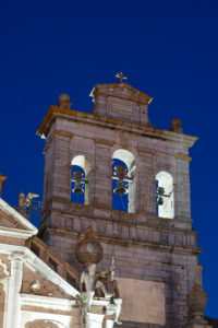 Europe, Portugal, Alentejo region, Evora, Igreja da Graca, Graca church, bell tower, in the evening, illuminated Europe, Portugal, Alentejo region, Evora, Igreja da Graca, Graca church, bell tower, in the evening, illuminated