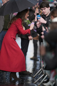 The Princess of Wales greets well wishers during a visit to Pontypridd Market in Wales to talk to local business owners about the impact of the flooding caused by Storm Bert and Storm Darragh, and help prepare and cook a batch of Welsh cakes at the The Welsh Cake Shop.