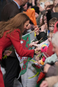 The Princess of Wales greets well wishers during a visit to Pontypridd Market in Wales to talk to local business owners about the impact of the flooding caused by Storm Bert and Storm Darragh, and help prepare and cook a batch of Welsh cakes at the The Welsh Cake Shop.