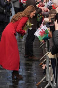 The Princess of Wales greets well wishers during a visit to Pontypridd Market in Wales to talk to local business owners about the impact of the flooding caused by Storm Bert and Storm Darragh, and help prepare and cook a batch of Welsh cakes at the The Welsh Cake Shop.