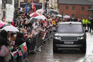 The Prince and Princess of Wales leaves following a visit to Pontypridd Market in Wales to talk to local business owners about the impact of the flooding caused by Storm Bert and Storm Darragh, and help prepare and cook a batch of Welsh cakes at the The Welsh Cake Shop.