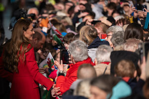 The Princess of Wales greets well wishers during a visit to Pontypridd Market in Wales to talk to local business owners about the impact of the flooding caused by Storm Bert and Storm Darragh, and help prepare and cook a batch of Welsh cakes at the The Welsh Cake Shop.