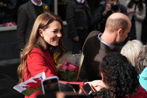 The Prince and Princess of Wales greet well wishers during a visit to Pontypridd Market in Wales to talk to local business owners about the impact of the flooding caused by Storm Bert and Storm Darragh, and help prepare and cook a batch of Welsh cakes at the The Welsh Cake Shop.