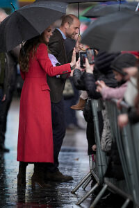 The Prince and Princess of Wales greet well wishers during a visit to Pontypridd Market in Wales to talk to local business owners about the impact of the flooding caused by Storm Bert and Storm Darragh, and help prepare and cook a batch of Welsh cakes at the The Welsh Cake Shop.