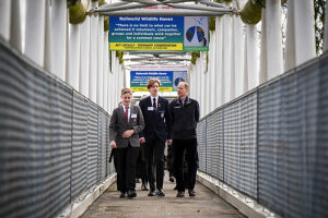 The Duke of Edinburgh talks to students Lucas Tuck and Michael Perkins who completed their volunteering section at Railworld last year during a visit to Railworld Wildlife Haven in Peterborough, Cambridgeshire.