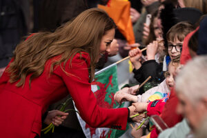 The Princess of Wales greets well wishers during a visit to Pontypridd Market in Wales to talk to local business owners about the impact of the flooding caused by Storm Bert and Storm Darragh, and help prepare and cook a batch of Welsh cakes at the The Welsh Cake Shop.