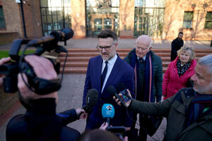 Bargain Hunt auctioneer Charles Hanson speaks to media outside Derby Crown Court, after being cleared of causing assault occasioning actual bodily harm between May 13 and 17 2020 and engaging in controlling or coercive behaviour between May 2015 and June 2023, after police were called to reports of a domestic incident at his home in the village of Quarndon, Derbyshire in June 2023.