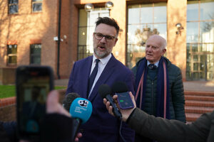 Bargain Hunt auctioneer Charles Hanson speaks to media outside Derby Crown Court, after being cleared of causing assault occasioning actual bodily harm between May 13 and 17 2020 and engaging in controlling or coercive behaviour between May 2015 and June 2023, after police were called to reports of a domestic incident at his home in the village of Quarndon, Derbyshire in June 2023.