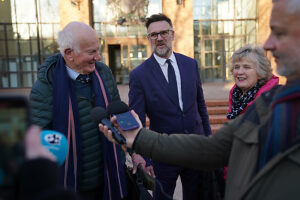 Bargain Hunt auctioneer Charles Hanson and his parents speak to media outside Derby Crown Court, after being cleared of causing assault occasioning actual bodily harm between May 13 and 17 2020 and engaging in controlling or coercive behaviour between May 2015 and June 2023, after police were called to reports of a domestic incident at his home in the village of Quarndon, Derbyshire in June 2023.