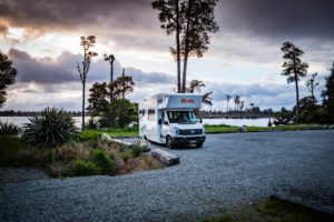 Caravan, Iveagh Bay Campground, Lake Brunner, South Island New Zealand Caravan, Iveagh Bay Campground, Lake Brunner, South Island New Zealand