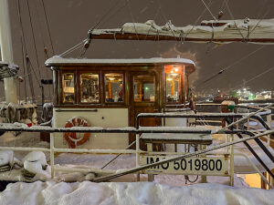 Europe, Norway, Tromsö, the ship Barquentine Antigua in a snowstorm Europe, Norway, Tromsö, the ship Barquentine Antigua in a snowstorm