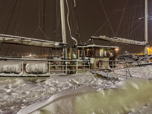 Europe, Norway, Tromsö, the ship Barquentine Antigua in a snowstorm Europe, Norway, Tromsö, the ship Barquentine Antigua in a snowstorm