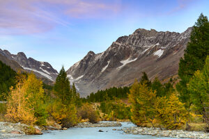 Europe, Switzerland, Canton Valais, Lötschental, Autumn atmosphere along the Lonza river Europe, Switzerland, Canton Valais, Lötschental, Autumn atmosphere along the Lonza river