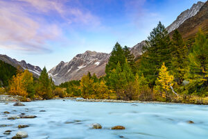 Europe, Switzerland, Canton Valais, Lötschental, Autumn atmosphere along the Lonza river Europe, Switzerland, Canton Valais, Lötschental, Autumn atmosphere along the Lonza river