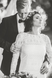 Alternate bridal couple outside, half portrait 