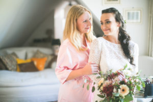 Bride and girlfriend before wedding, talking, excitement, half portrait