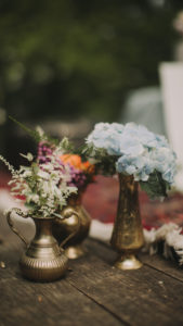 Floral decoration at alternative wedding celebration, close up