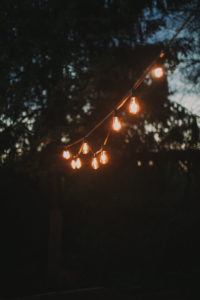 Alternative wedding, garden, decoration, string of lights, evening