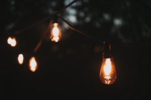 Alternative wedding, garden, decoration, string of lights, evening
