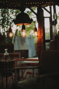 Alternative wedding, garden small house, inside, lamp, lights