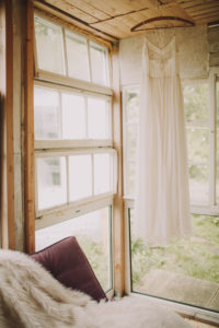 Alternative wedding, garden shed, wedding dress