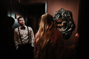 Couple, eye contact, mirror, door,