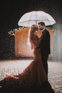 Couple, in love, hug, stand, sideways, kissing, umbrella, evening,