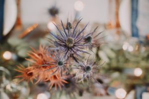 Table decoration, thistles, blue, copper, detail, blur,